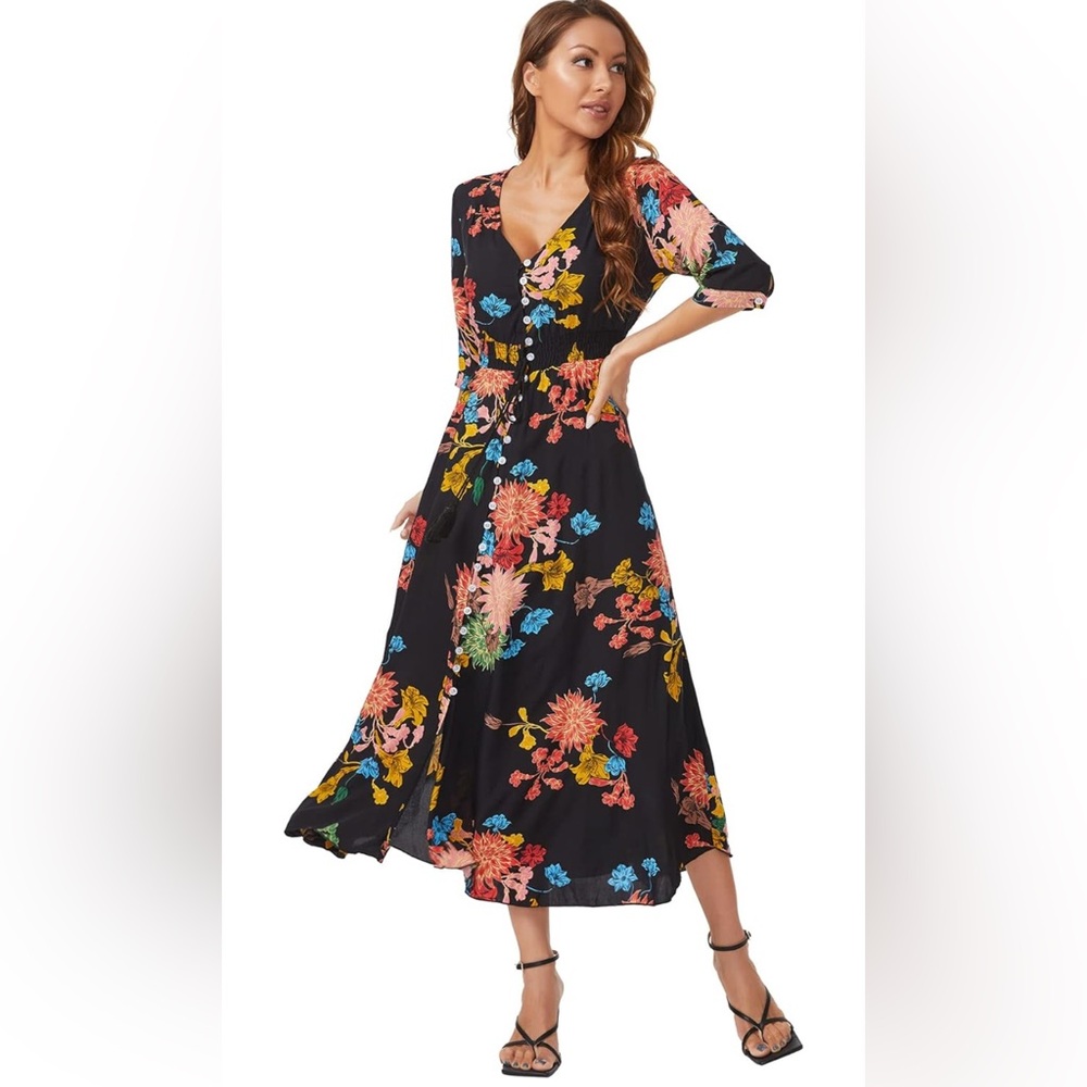 Milumia Summer Flowy Long Maxi Dress Button Up Floral Print Boho Dress